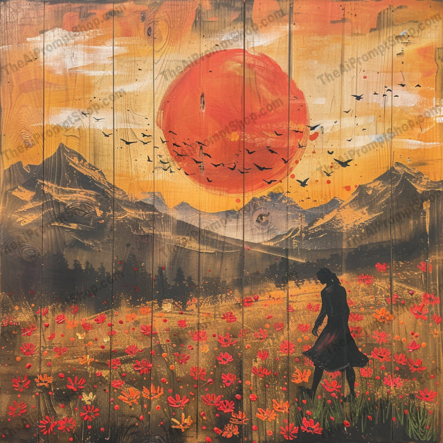 Sunset Silhouettes on Wooden Canvas AI MidJourney Image Prompt, 8983 Landscapes & Paintings, midjourney, sunset, silhouettes, wooden canvas, rustic art, adventure, wanderlust, painted sunset, warm hues, dark outlines, beautifully painted, art piece, rustic charm, visual striking, decor, home decor, wooden art, sunset art, silhouette art, artwork, sunset painting, Midjourney, Ai, Ai Image Prompt, Image Prompt, Prompt