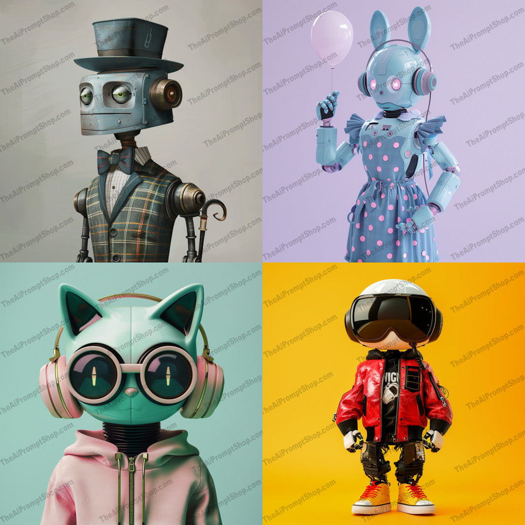 Stylish robot characters illustration in a colorful style created from an AI image prompt.