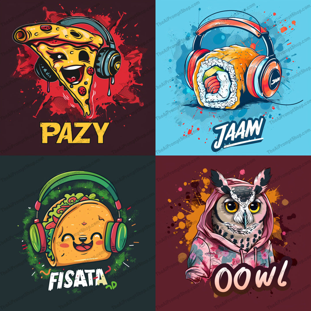 Food Characters with Headphones AI MidJourney Image Prompt, 9375 T Shirt Designs, midjourney, food art, headphones, character design, pizza, sushi, taco, owl, street style, vibrant colors, fun illustration, cartoon food, music lover, trendy, whimsical, pop culture, graphic design, modern art, humorous art, playful, digital art, Midjourney, Ai, Ai Image Prompt, Image Prompt, Prompt