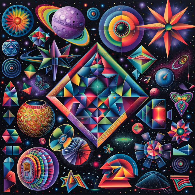 Colorful Cosmic Illustrations AI MidJourney Image Prompt, 9346 Food, midjourney, cosmic, colorful, whimsical, flora, fauna, musical instruments, geometric shapes, starry background, vibrant, fantastical, planets, astronomy, space, animals, fruits, vegetables, birds, elephants, butterflies, patterns, Midjourney, Ai, Ai Image Prompt, Image Prompt, Prompt