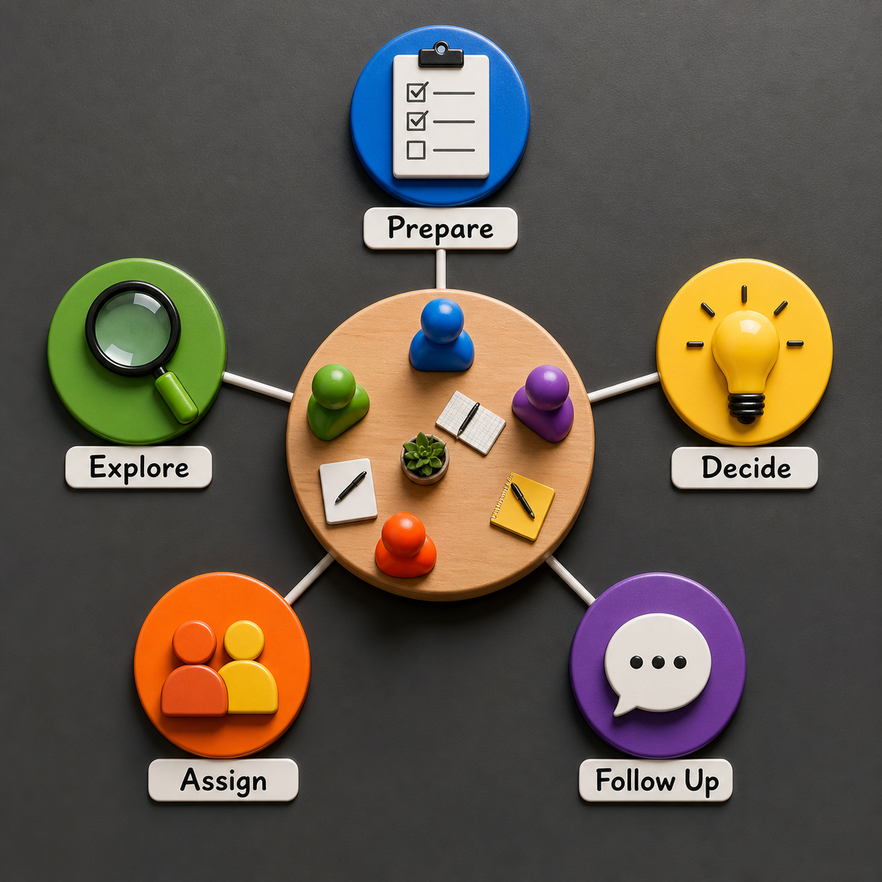Business partner meeting workflow for preparing, exploring, deciding, assigning, and following up.