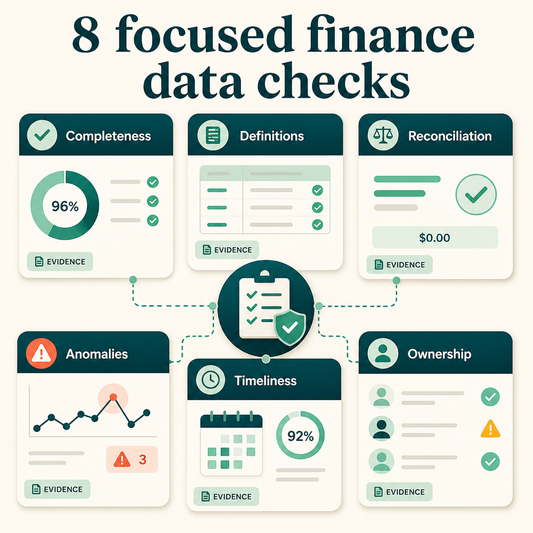 Eight focused finance data checks for completeness definitions reconciliation anomalies timeliness and ownership