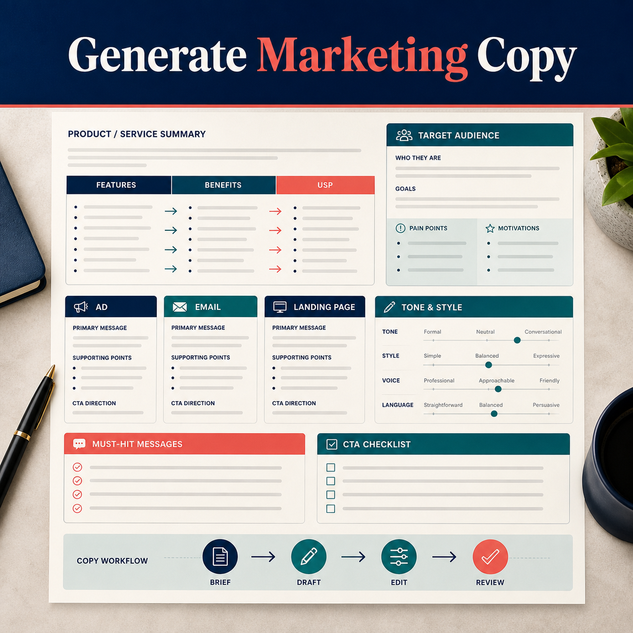Marketing copy brief workspace mapping features to benefits and USP, audience, copy types, tone, must-hit messages, CTA, and review workflow.