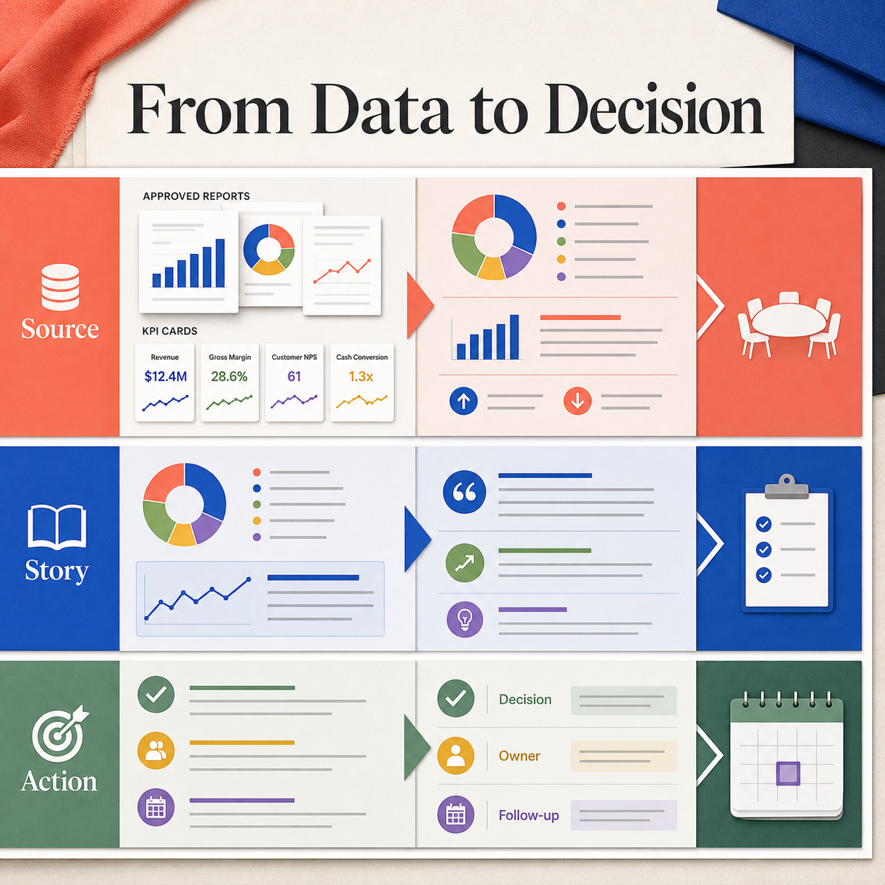 Management reporting process from approved sources to story and action.