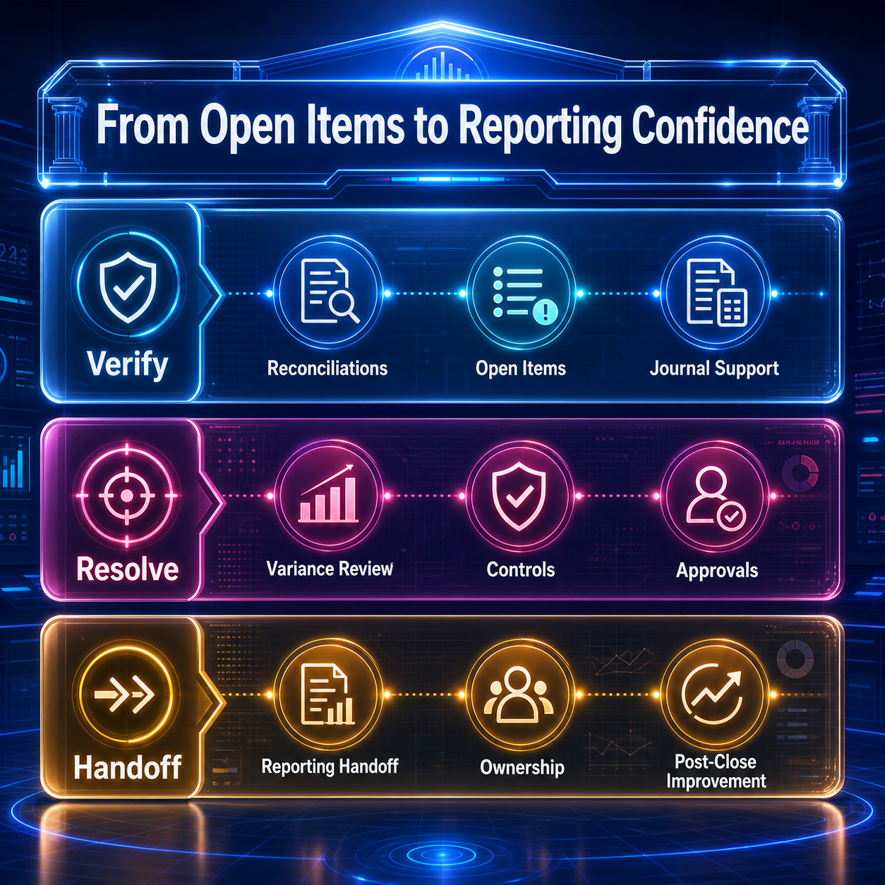 Month-end close process showing verification, issue resolution, and reporting handoff.