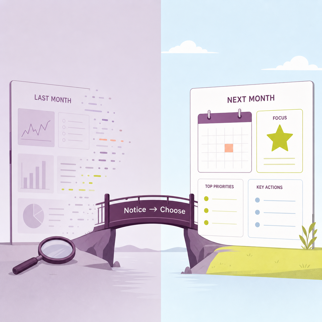 Illustrative monthly review reset showing how observations become a focused next-month priority.