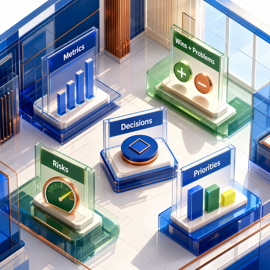 Illustrative overview of monthly CEO review areas covering metrics, wins and problems, decisions, risks, and priorities.