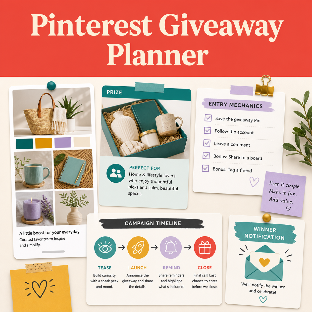 Illustrative Pinterest giveaway planning board showing a prize, audience fit, entry mechanics, campaign timeline, and winner notification.