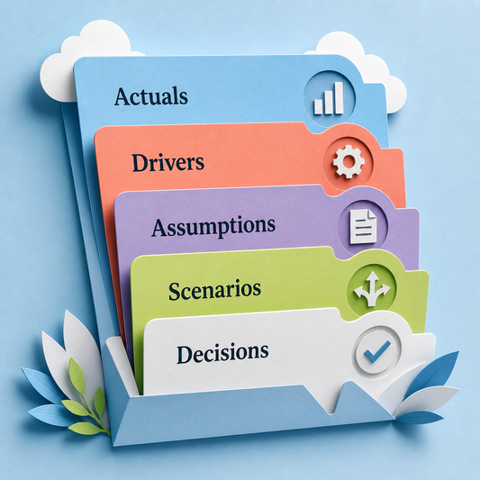 Illustrative overview of actuals, business drivers, forecast assumptions, scenarios, and decisions.