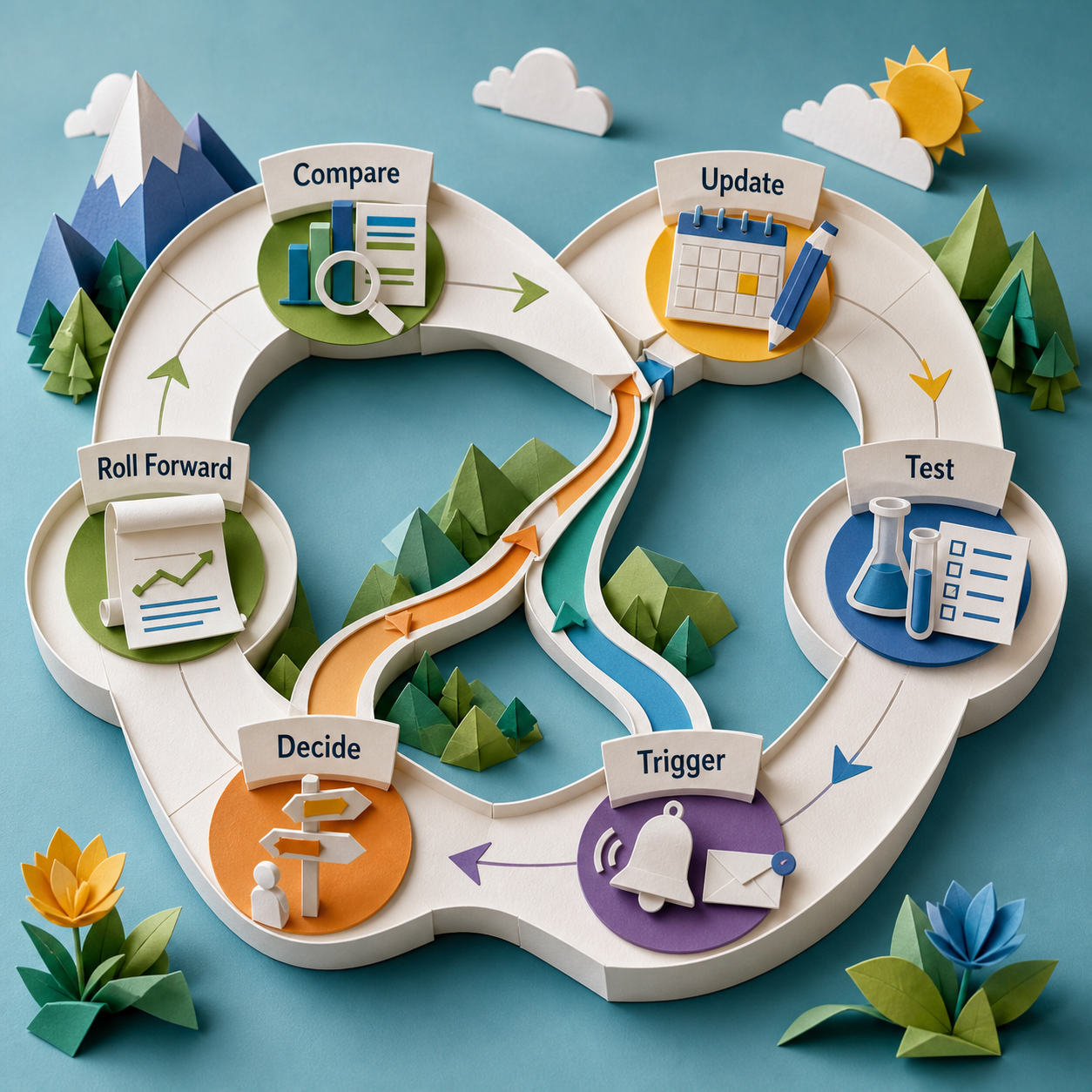 Rolling forecast workflow comparing results, updating assumptions, testing scenarios, defining triggers, and rolling forward.