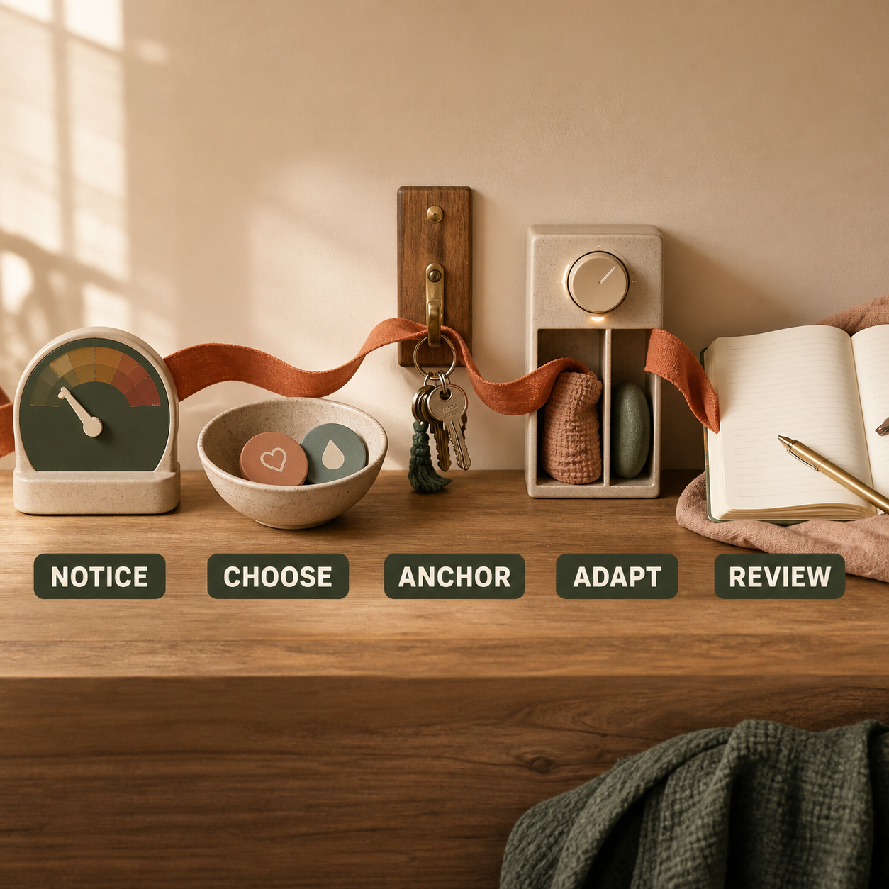 Self-Care Routine Generator notice, choose, anchor, adapt, and review method