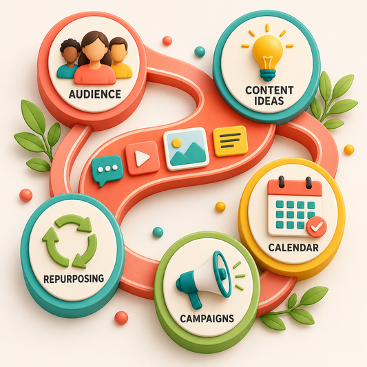 Small Business Content Planning contents covering audience, content ideas, calendar, campaigns, and repurposing.