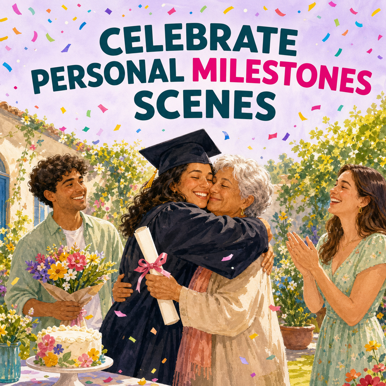 Celebrate Personal Milestones Scenes guide cover showing a small outdoor graduation celebration