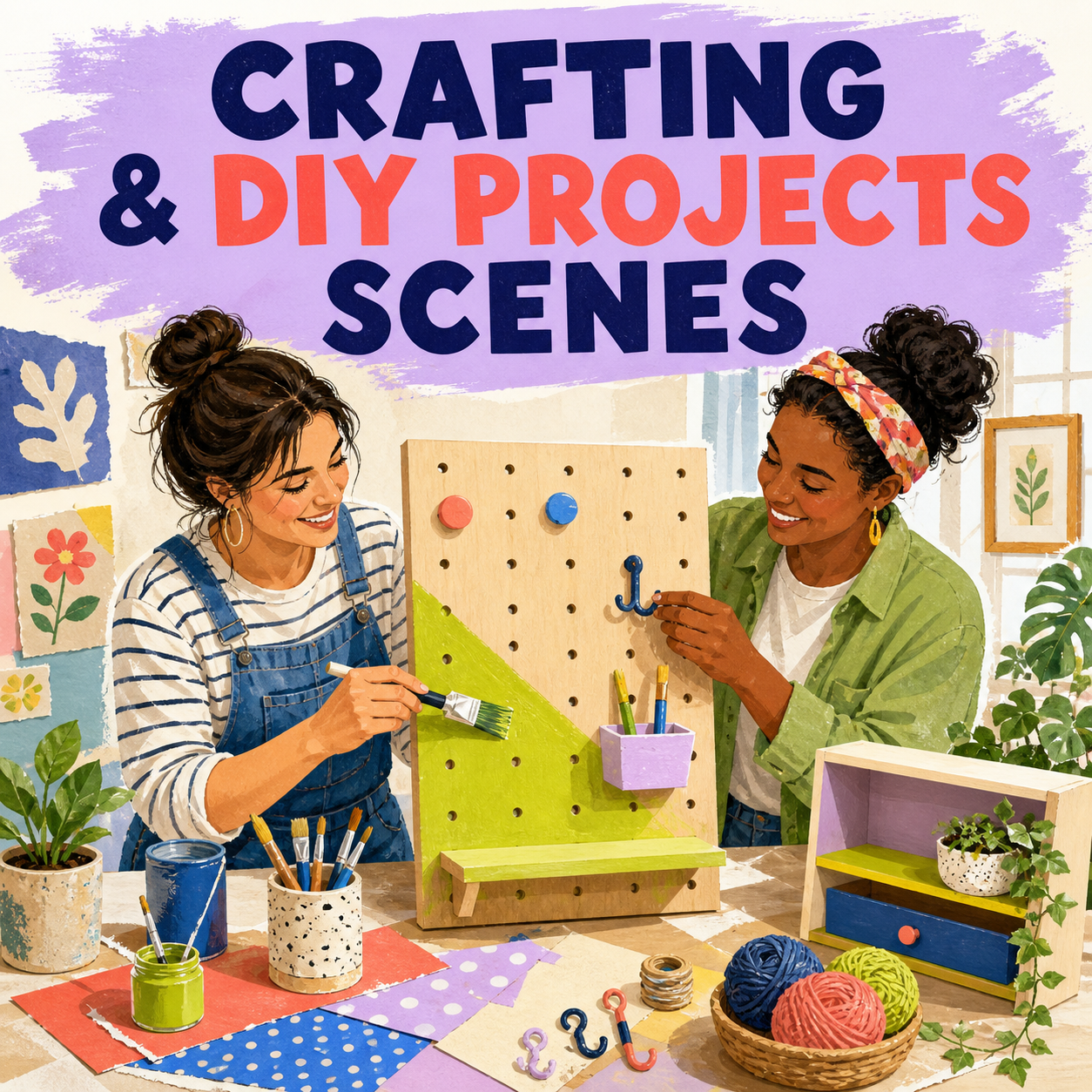 Crafting and DIY Projects Scenes guide cover showing friends making a painted pegboard organizer