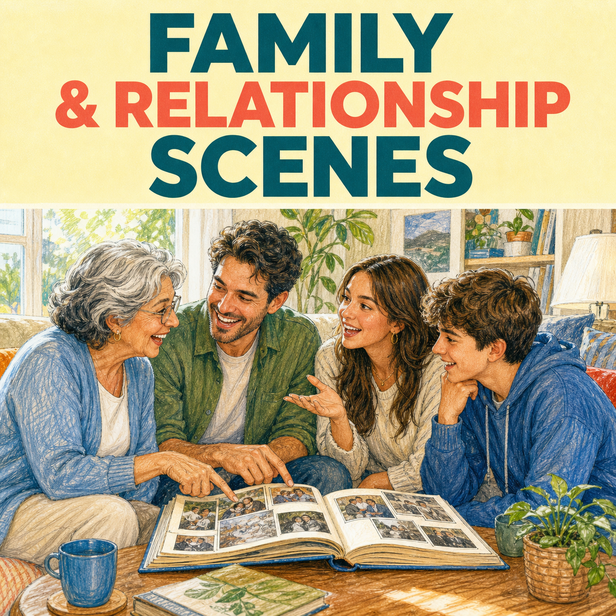 Family and Relationship Scenes guide cover showing a multigenerational family sharing stories