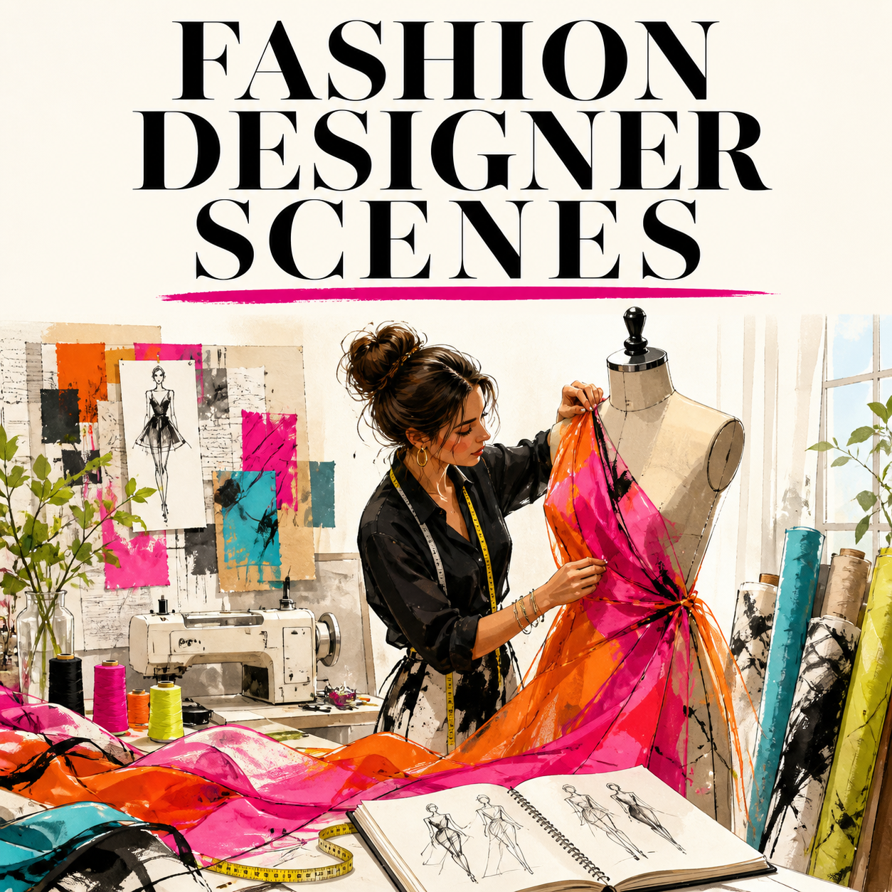 Fashion Designer Scenes guide cover showing a designer draping fabric on a dress form