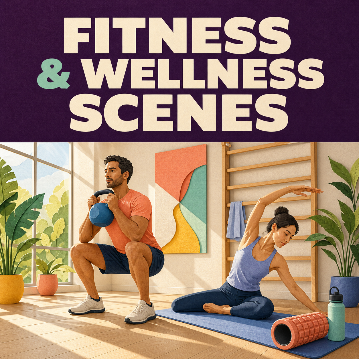 Fitness and Wellness Scenes guide cover showing strength exercise and stretching in a studio