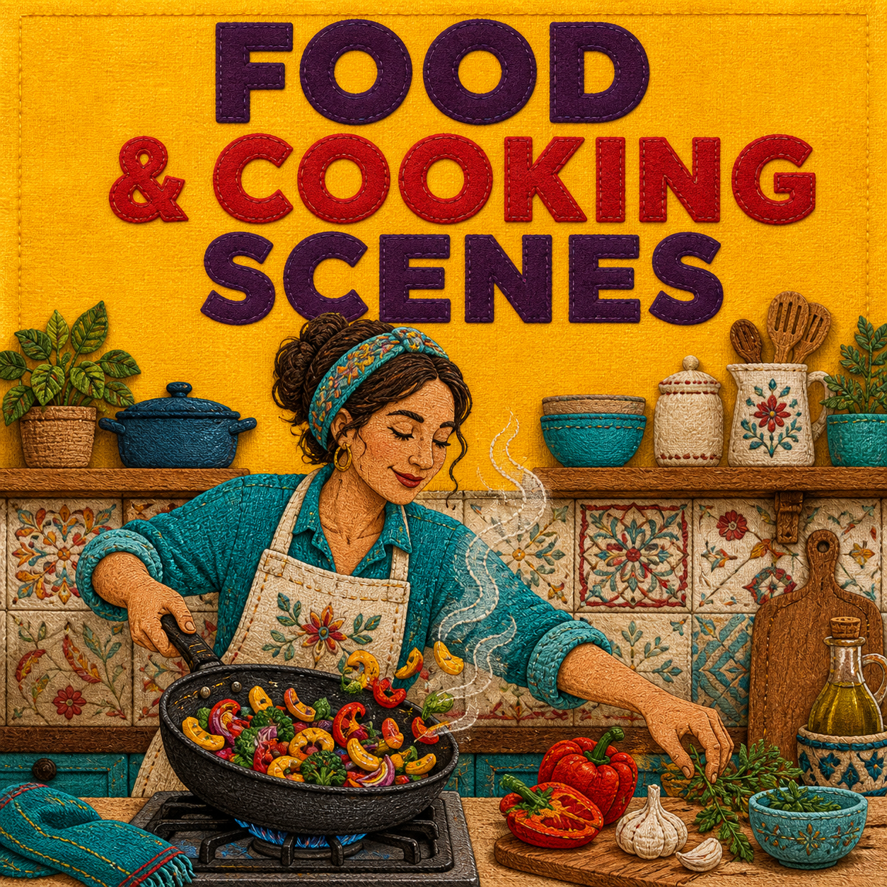 Food and Cooking Scenes guide cover showing everyday home cooking in a textile illustration