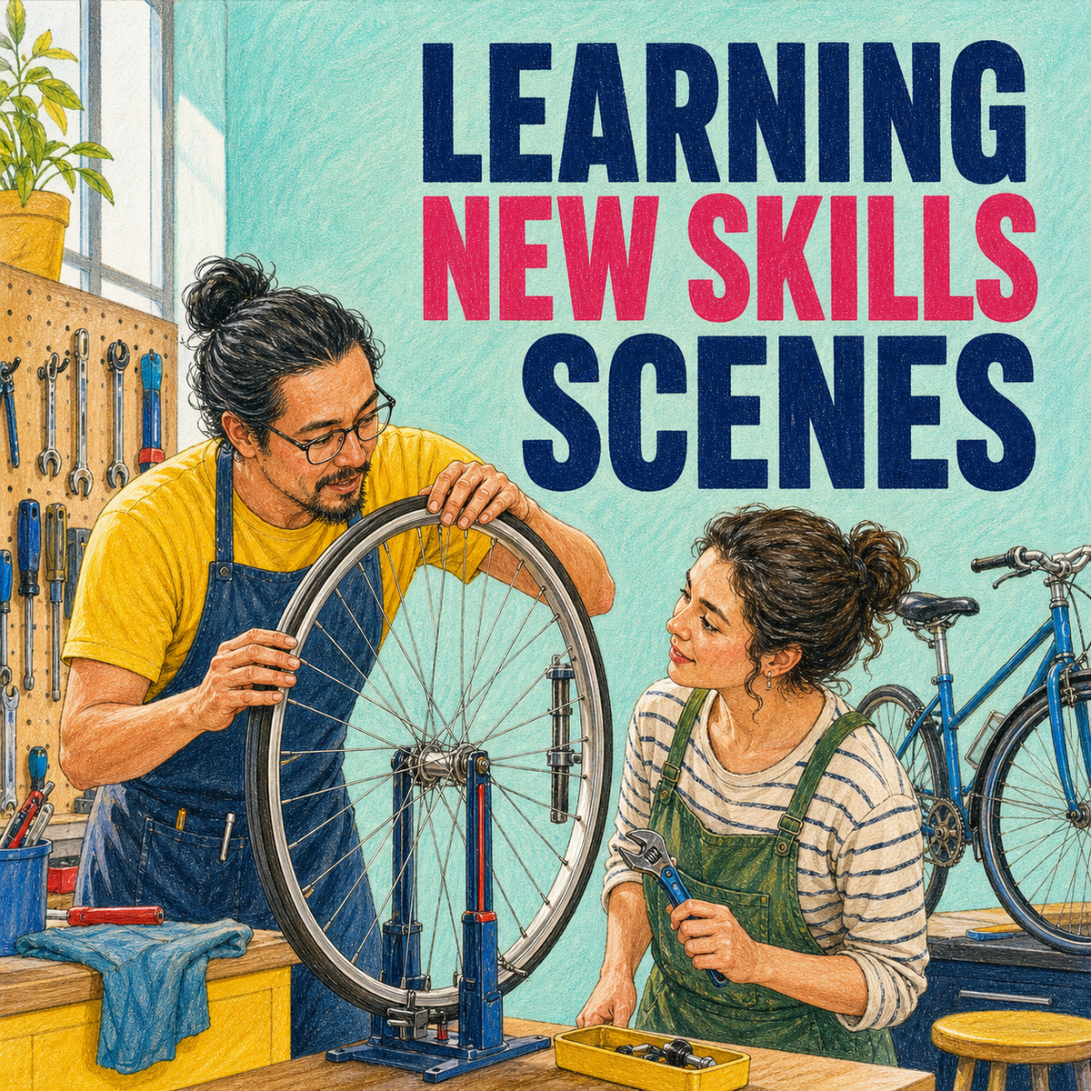 Learning New Skills Scenes guide cover showing guided bicycle repair instruction