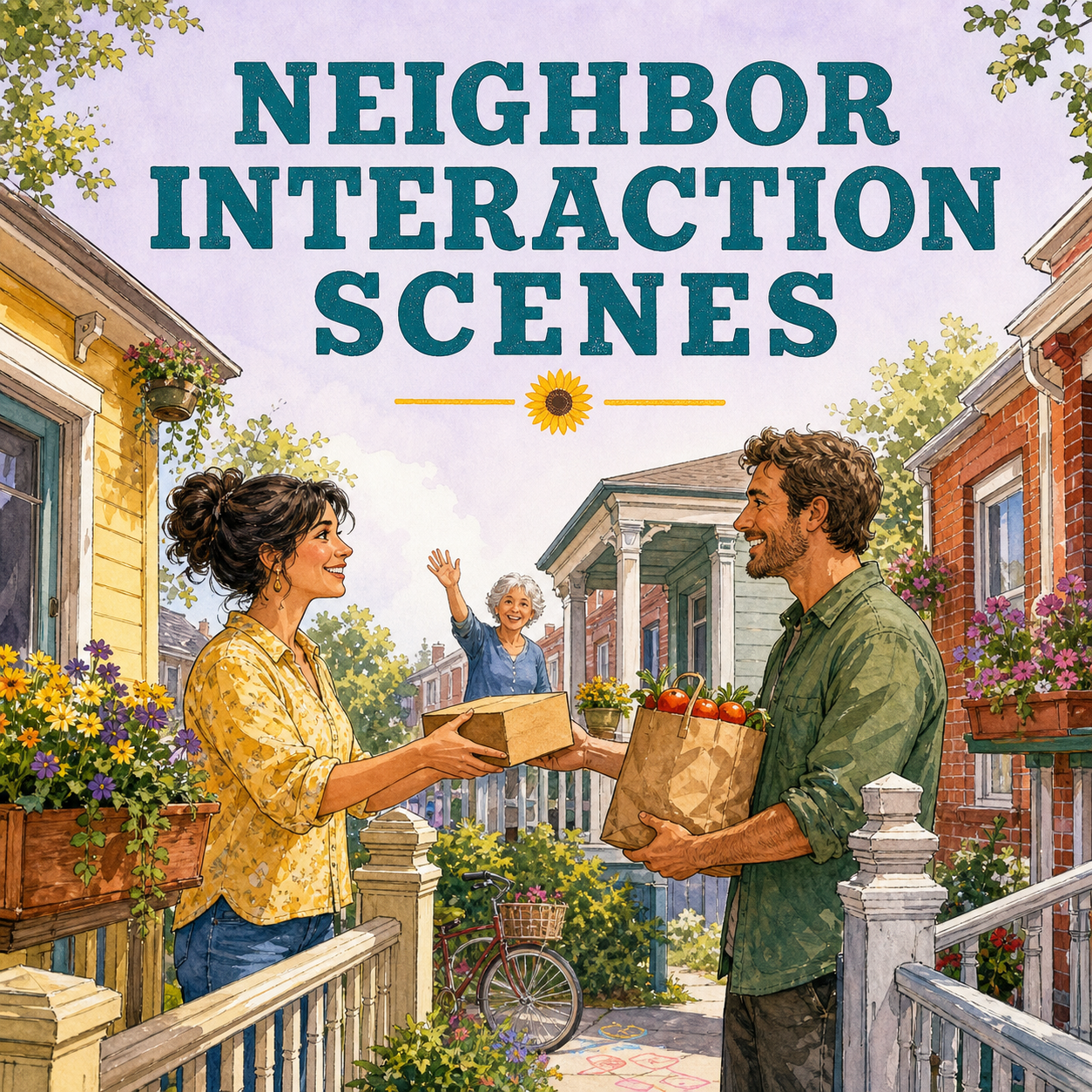 Neighbor Interaction Scenes guide cover showing neighbors exchanging a parcel and garden produce