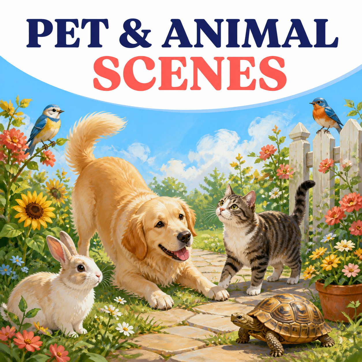 Pet and animal scenes represented by a bright garden with a dog, cat, rabbit, birds, and tortoise