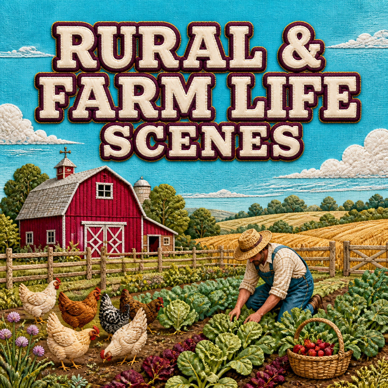 Rural and farm life scenes represented by a bright textile farm landscape with vegetable rows, chickens, fields, and a barn