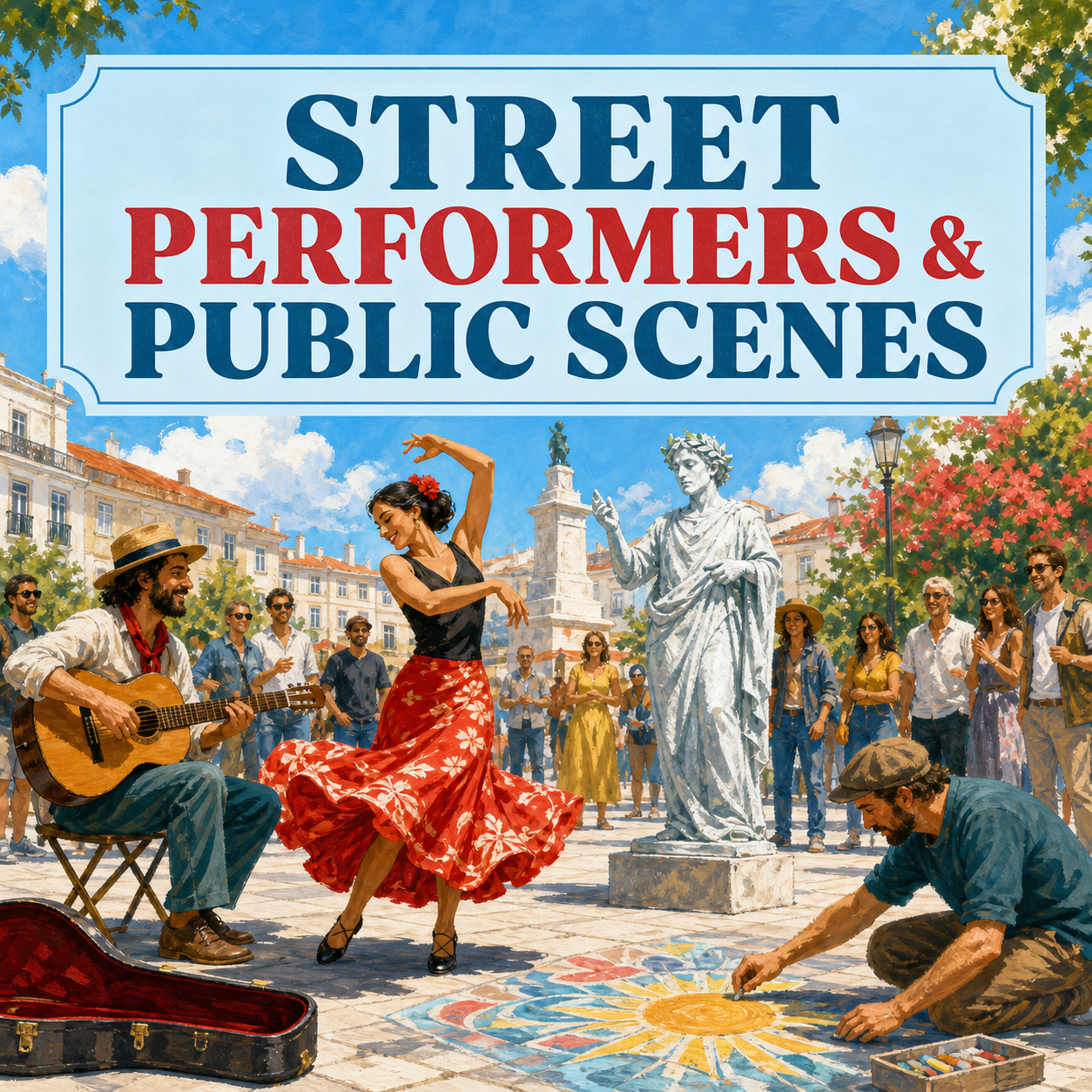 Street performers and public scenes represented by musicians, dance, living statue performance, and chalk art in a sunny plaza