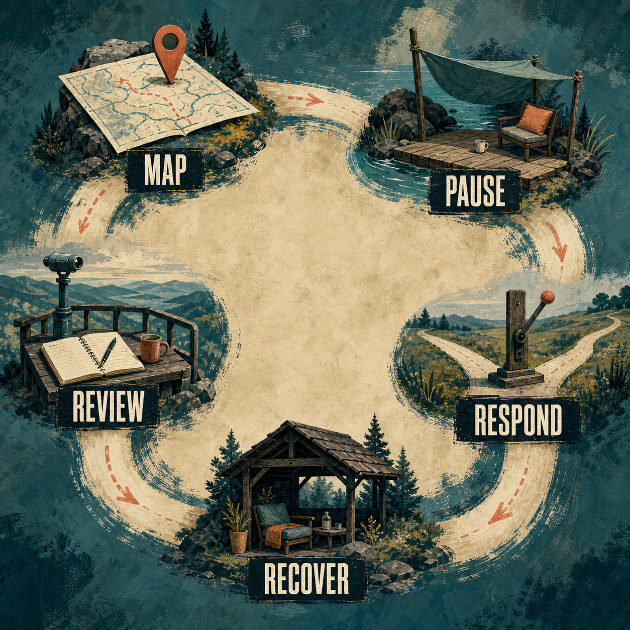 Stress Reduction & Management Generator map, pause, respond, recover, and review method