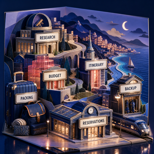 Travel Planning Workbook contents covering research, budget, itinerary, packing, reservations, and backup plans