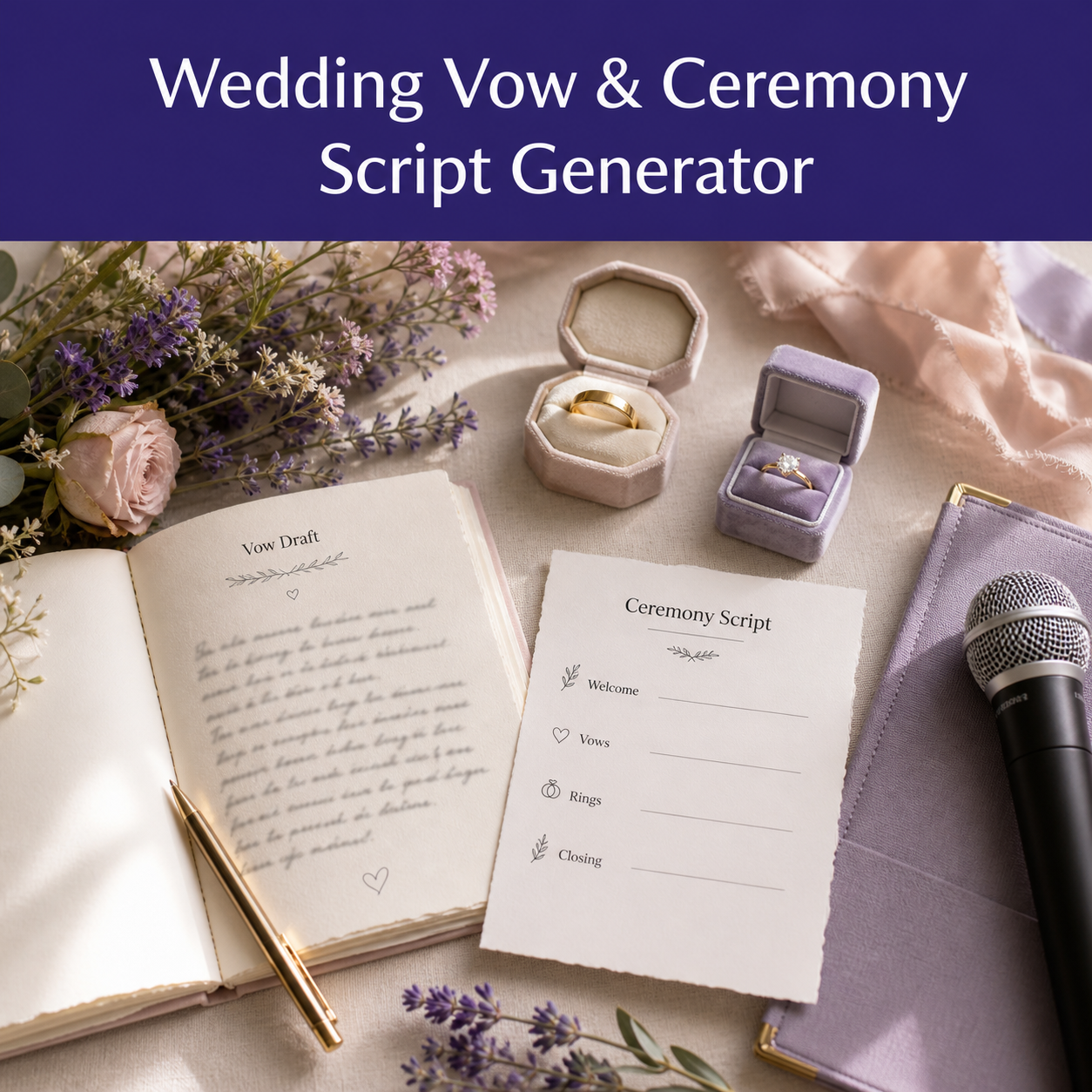 Wedding vow and ceremony writing guide for creating personalized vows, ceremony scripts, ring wording, readings, and thank-you notes.
