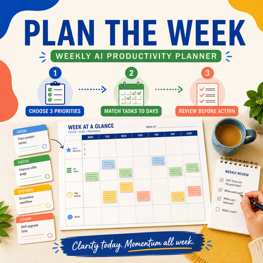 Three-step weekly planning workflow for choosing priorities, matching tasks to days, and reviewing the plan.