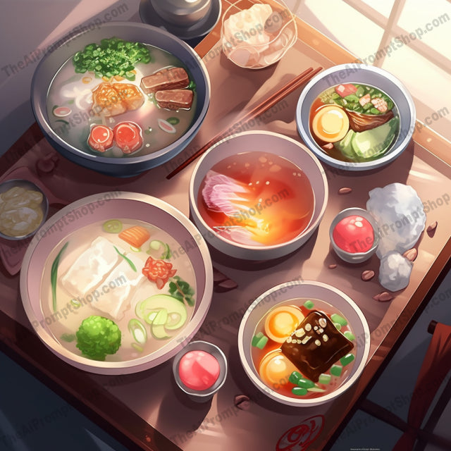 AI Midjourney Prompt for Food - B316s - Asian Food Plate and Utensil Collection