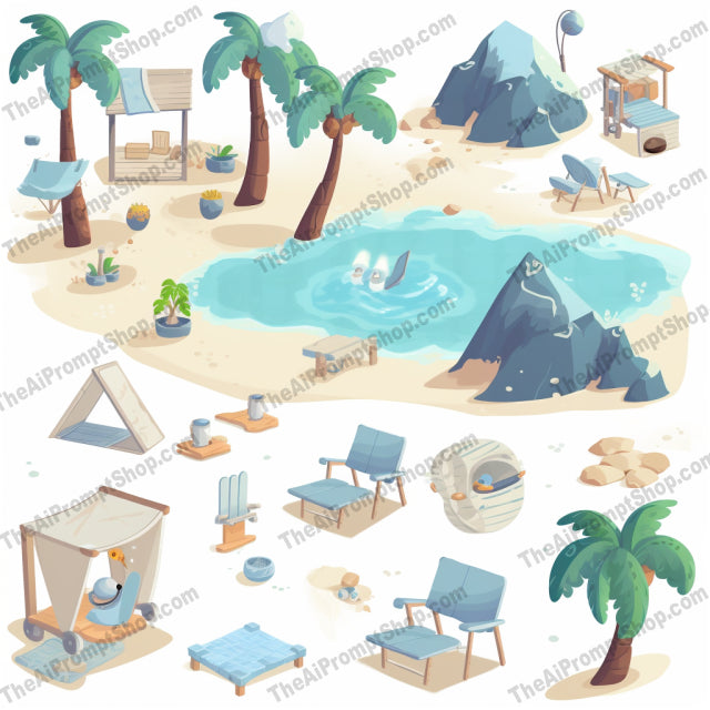 AI Midjourney Prompt for Isometrics - B186s -  Cartoon Elements on Beach