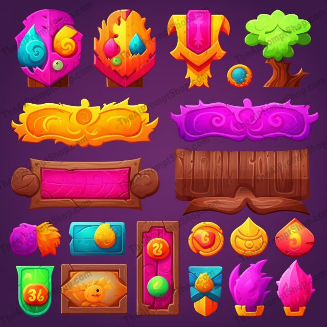 AI Midjourney Prompt for Colorful Woodcarving Game Element Set