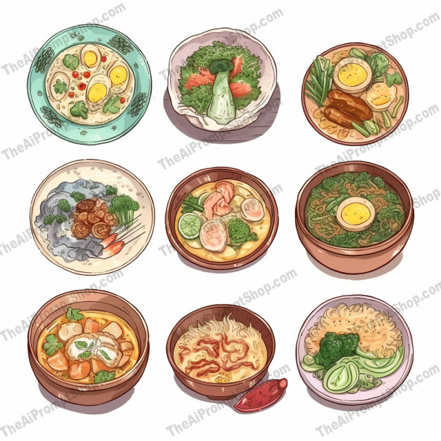 AI Midjourney Prompt for Food - B203s - Highly Detailed Dishes and Food in Bowls