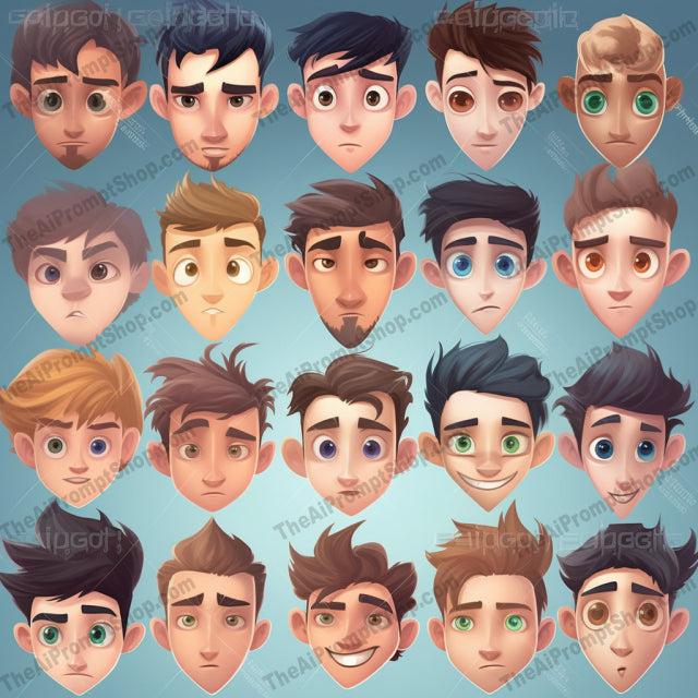 AI Midjourney Prompt for Character Art - B180s - Mens Facial Expressions