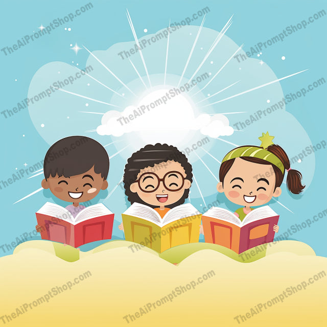AI Midjourney Prompt for C115 - Storybook Illustrations - Open Book with Kids Reading in the Sky