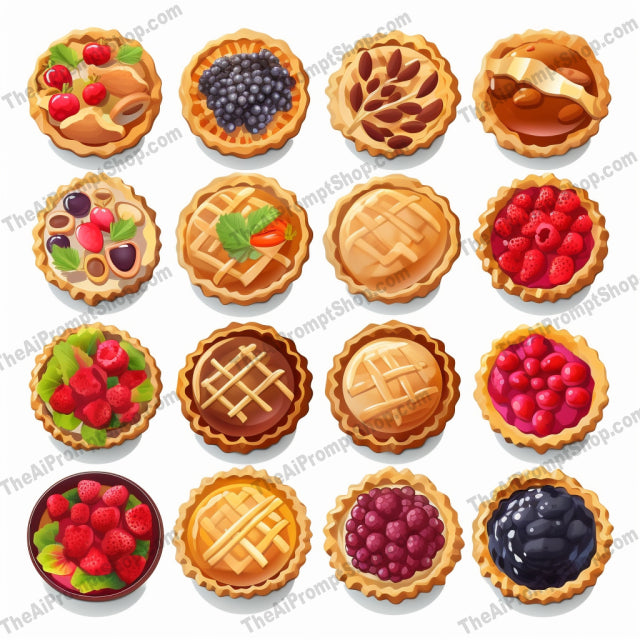 AI Midjourney Prompt for Food- B212s - Cartoonish Pie Icons in Mosaic like Patterns