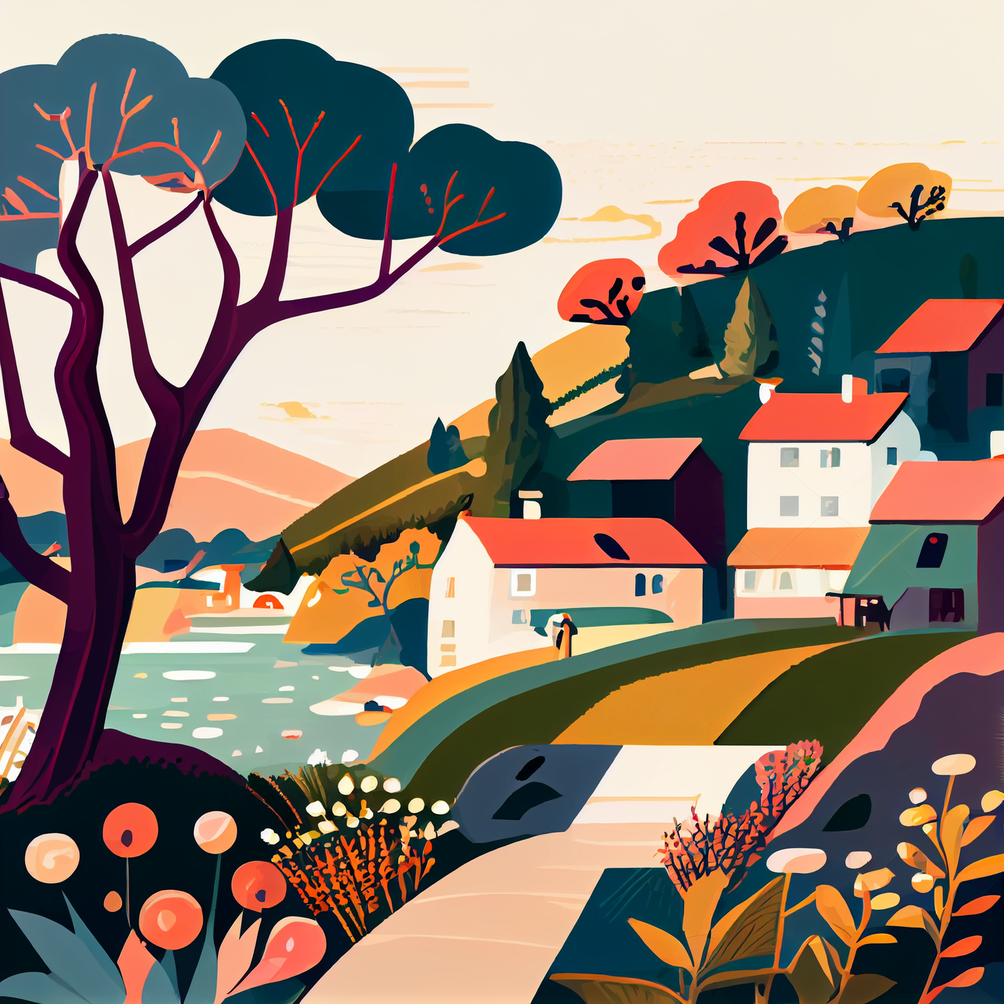 AI Midjourney Prompt for Landscape - Electric Countryside Nights