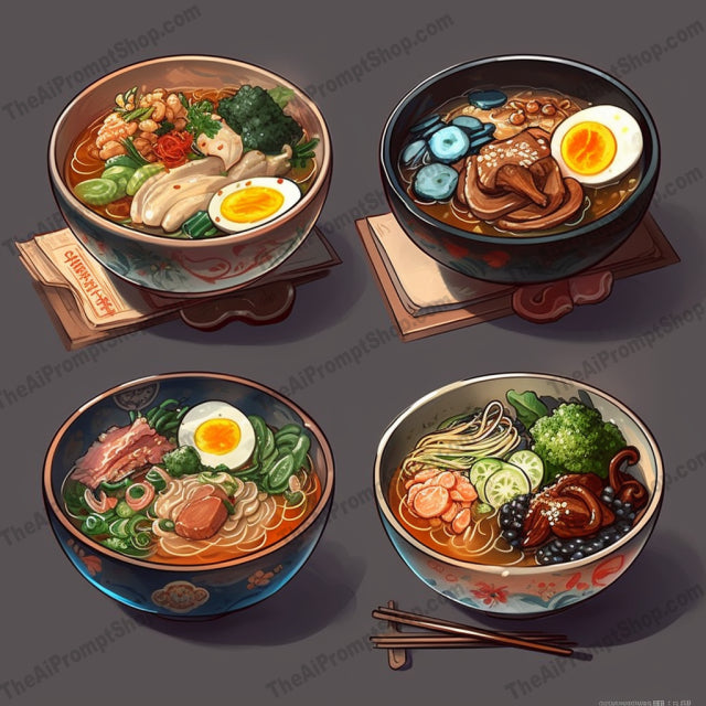 AI Midjourney Prompt for Food - B202s - Various Types of Asian Food in Bowls