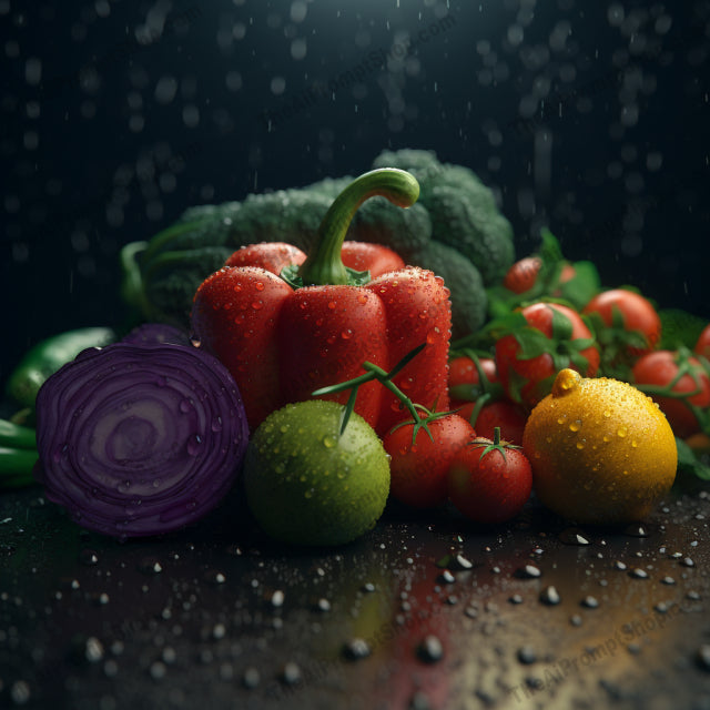 AI Midjourney Prompt for Food - B338s - Vegetables in Rain