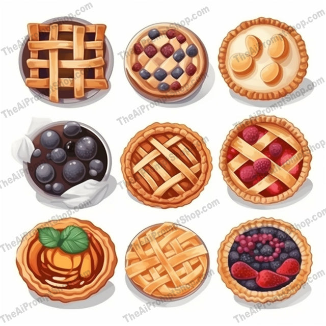 AI Midjourney Prompt for Game Assets - B211s - Realistic yet Stylized Pie Designs on White Background