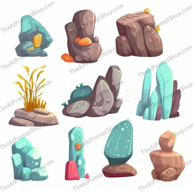 AI Midjourney Prompt for Cartoon Rocks Collection in Tranquil Gardenscapes