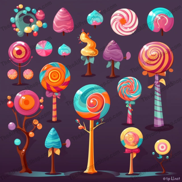 AI Midjourney Prompt for Game Assets - B254s - Cartoon Candy Tree Icon Set