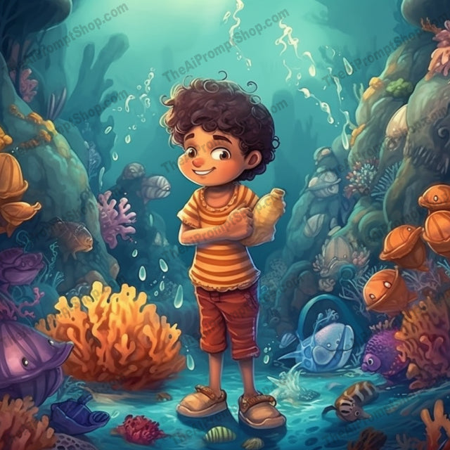 AI Midjourney Prompt for C196 - Storybook Illustrations - Baby Boy and Underwater Creatures