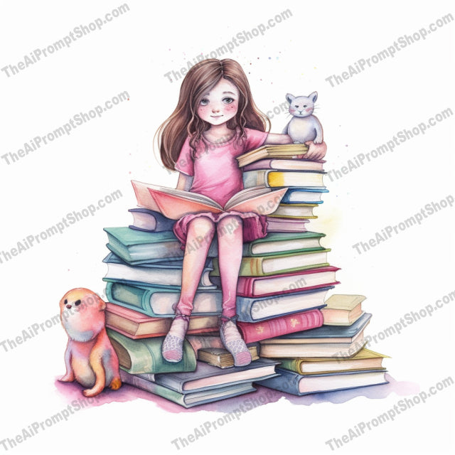 AI Midjourney Prompt for C75 - Storybook Illustrations - Watercolor Girl with Books