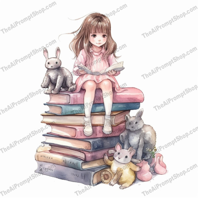 AI Midjourney Prompt for C73 - Storybook Illustrations - Girl on Books Pile