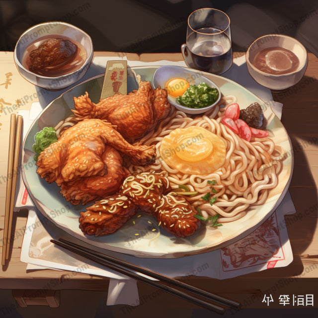AI Midjourney Prompt for Food - B314s -  Fried Chicken and Noodles Plate Art