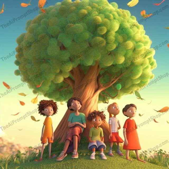 AI Midjourney Prompt for C163 - Storybook Illustrations - Whimsical Tree Kids: Playful Animation