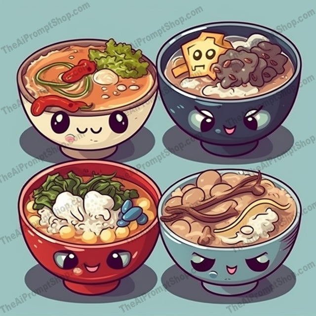 AI Midjourney Prompt for Food - B204s - Anime Inspired Soups and Rice in Bowls